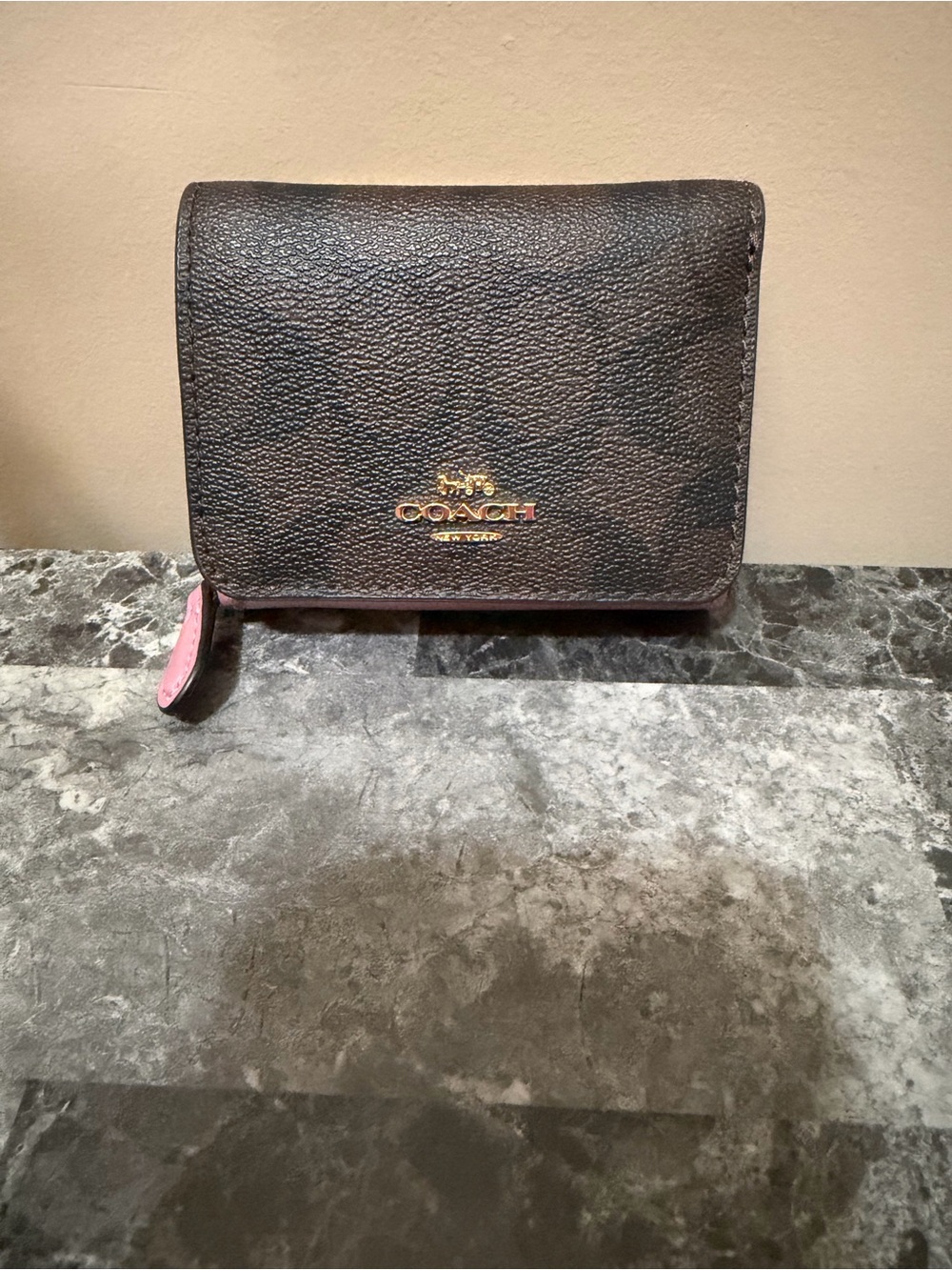 Coach Brown and Pink Leather Wallet with Pink Zip Accent